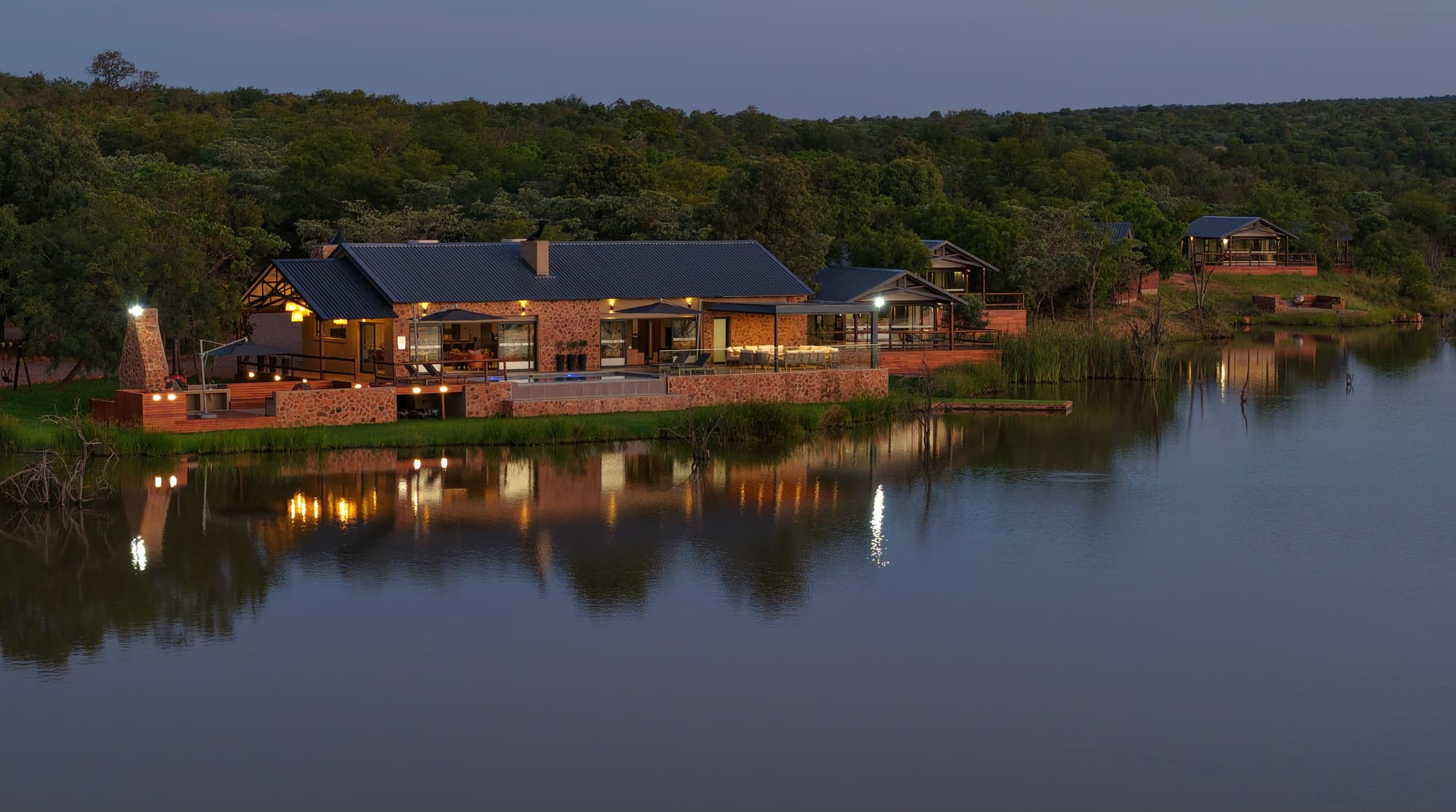 Aerial view of the dam at Reflections Camp